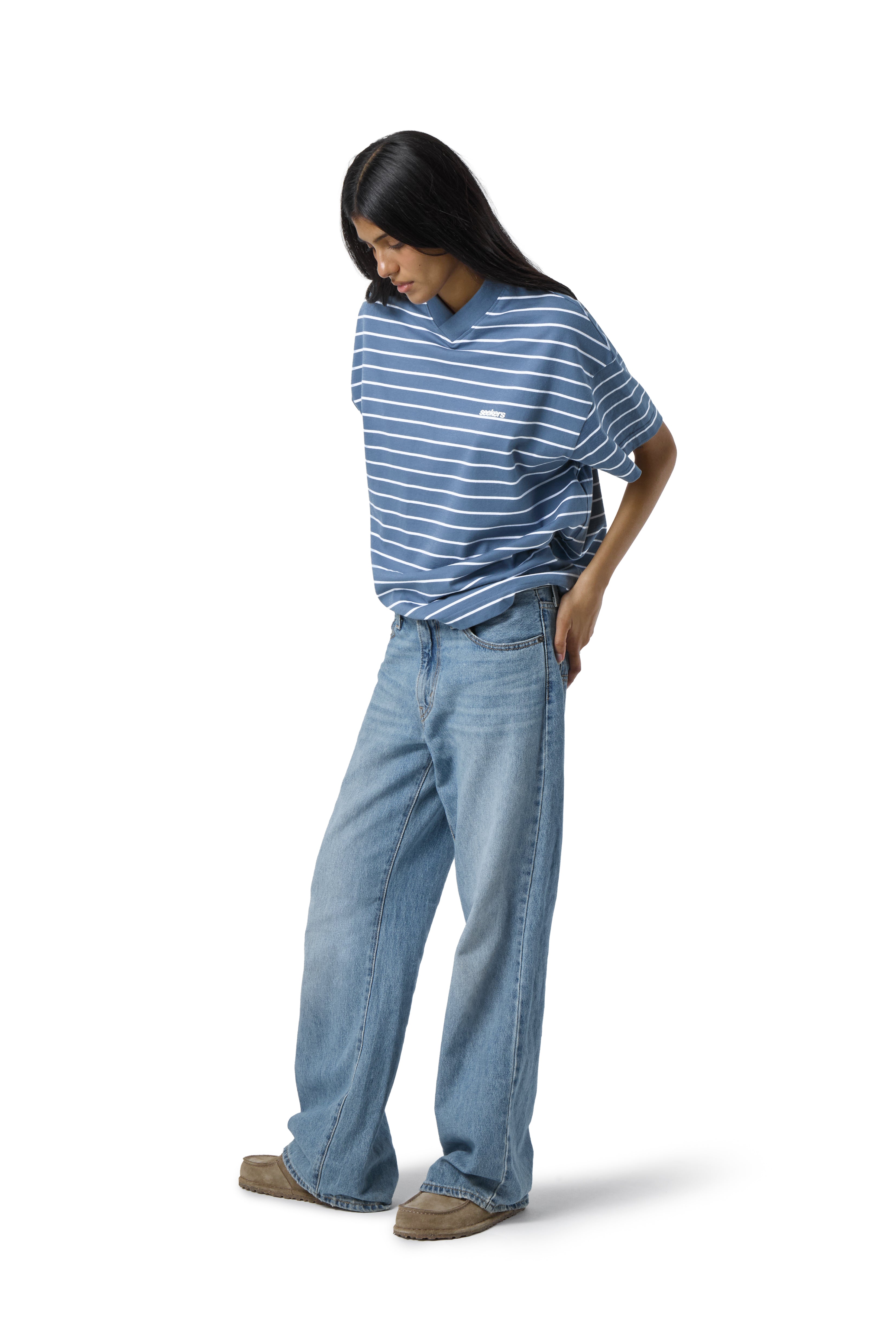 Devon Striped Oversized Tee in Blue Wash